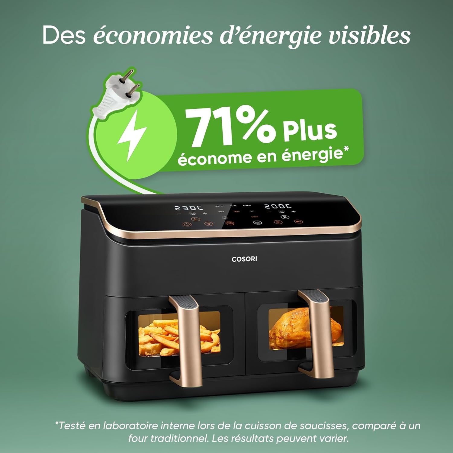 Air Fryer 2 Compartiments 8.5L, 8-En-1 Airfryer Friteuse Sans Huile, 71% D'Efficacité Énergétique, 85% De Carburant En Moins, 55% plus Rapide, 8 Portions, Va Au Lave-Vaisselle, Or